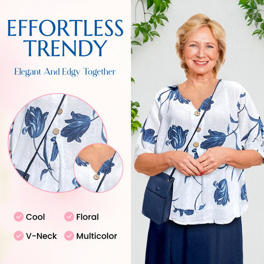 🎉Summer Special Price £11.99💐Women's Printed Linen V-Neck Loose Top