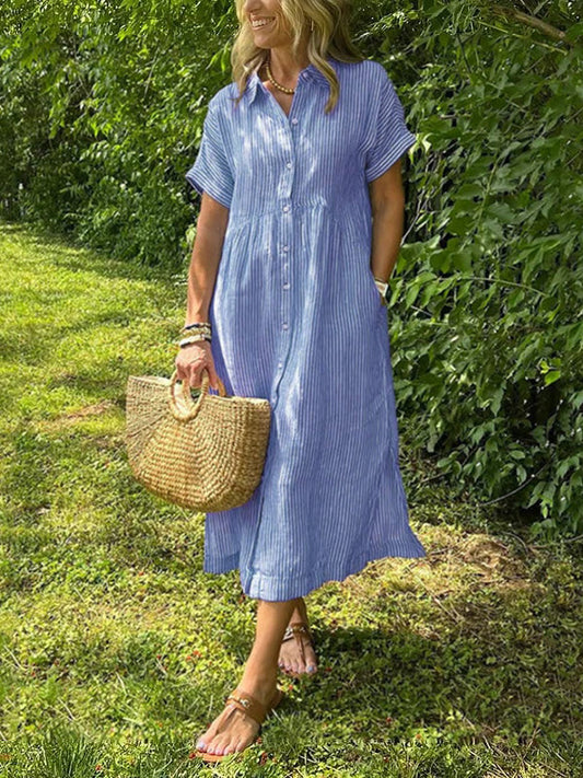 🔥DERNIER JOUR DE SOLDES 49% DE RÉDUCTION🔥 Robe-chemise à rayures avec col à rabat et poches fonctionnelles