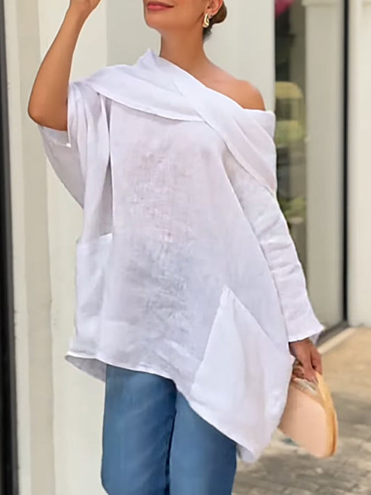 🌷Last Day Promition 50% Off🌷Women's Casual Solid Color Long Sleeve Cotton &Linen Top