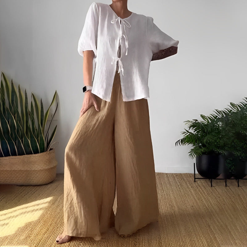 Open Front Tied Top and Pants Set