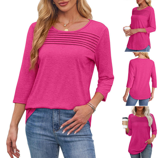 💕Last Day 50% OFF👚Women’s Pleated Detail 3/4 Sleeve Casual T-Shirt