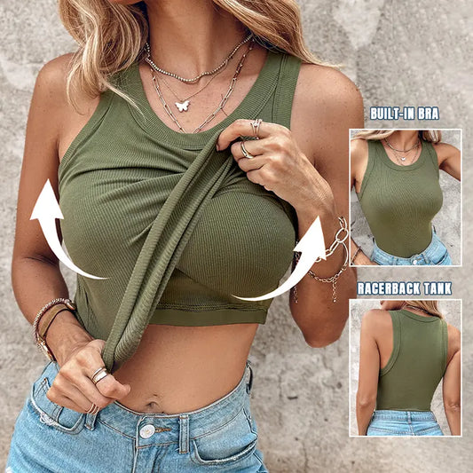 💖Last Day Special Price £8.99!!💖Ribbed Stretchy Tank Top with Shelf Bra