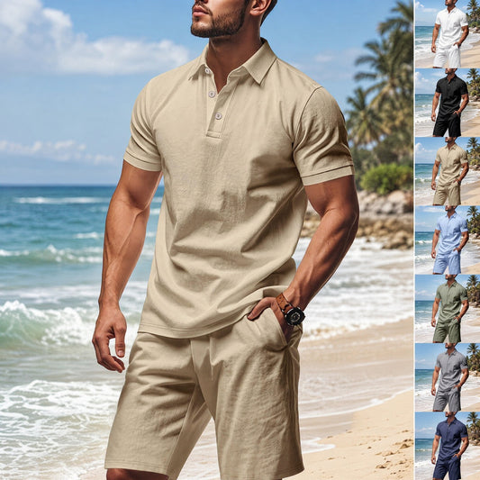 👕 LIMITED-TIME 50% OFF! 💥 Men's Casual Top & Shorts 2-Piece Set – Linen Blend, Lapel Collar, Elastic Waist ✨