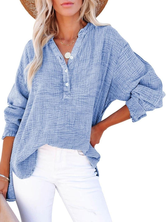🔥This week's special price £13.99🔥Womens Casual Button V Neck Long Sleeve Shirts Oversized Solid Blouses Top