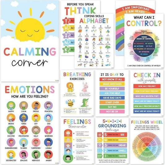 🎁Last Day 49% OFF🔥12 Calming Corner Classroom Posters - Feelings Wheel Chart & Emotions Poster For Kids