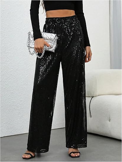 🎅LAST DAY SALE 50% OFF💖Women's Sequin Sparkle Wide Leg Pants with Elastic Waistband
