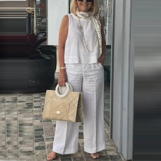 🌷💝SUMMER SALE 49%OFF - 👗Women's Simple Breathable Suit - Round-Neck Sleeveless Top & Wide-Leg Pants
