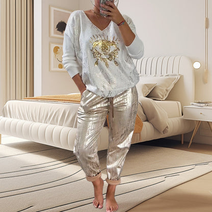 Women's 2 Piece Set: Devil's Eye Gold Foil Top and Sequin Pants Set