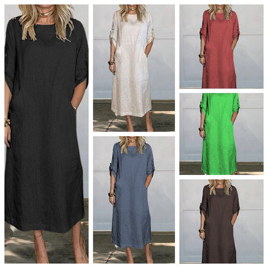 🌷LAST DAY SALE 49% OFF🌷Women's Cotton and Linen Solid Color Loose Dresses