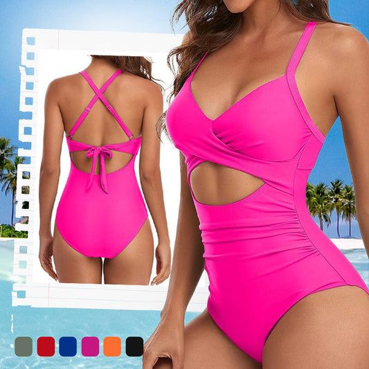 👙Women's Solid Ribbed Cutout-Front Shaping Swimsuit👙