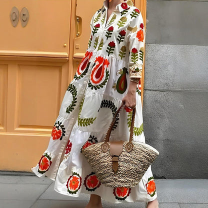 Flap Collar Printed Button-Down Maxi Dress
