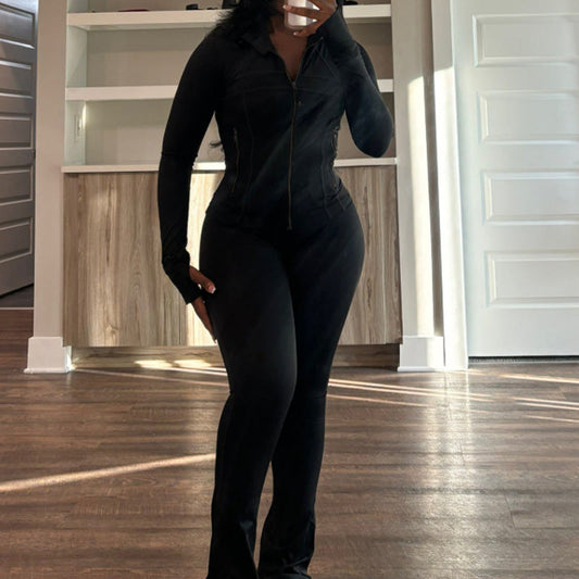 Sexy Solid Color Long-Sleeve Top & Pants Set