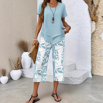 💥Last Day Special Price:£ 18.99👗Women's 2-Piece Set – Layered Asymmetrical Tunic Top & Printed Wide Leg Pants, Breathable Polyester✨