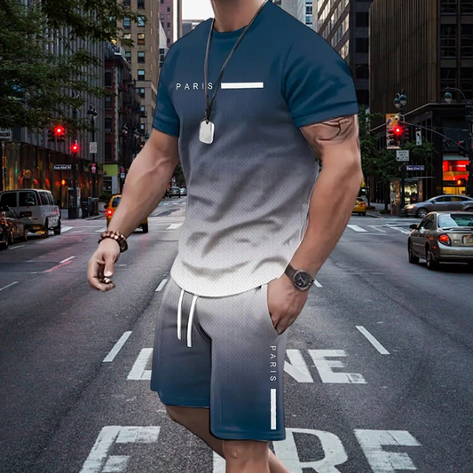 🏖️⏳SUMMER SALE: ONLY ￡15.99!!😎Men's Gradient Color T-Shirt & Shorts Set