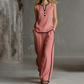 Women's Contrast Trim Sleeveless Top & Wide-Leg Pants Set