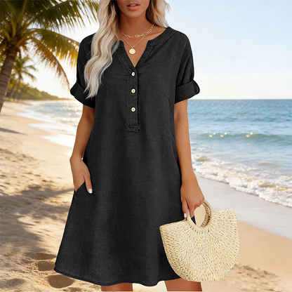 👗Last Day Special Price ￡14.99!!✨Women's Casual V-Neck Cotton Linen Dress with Pockets